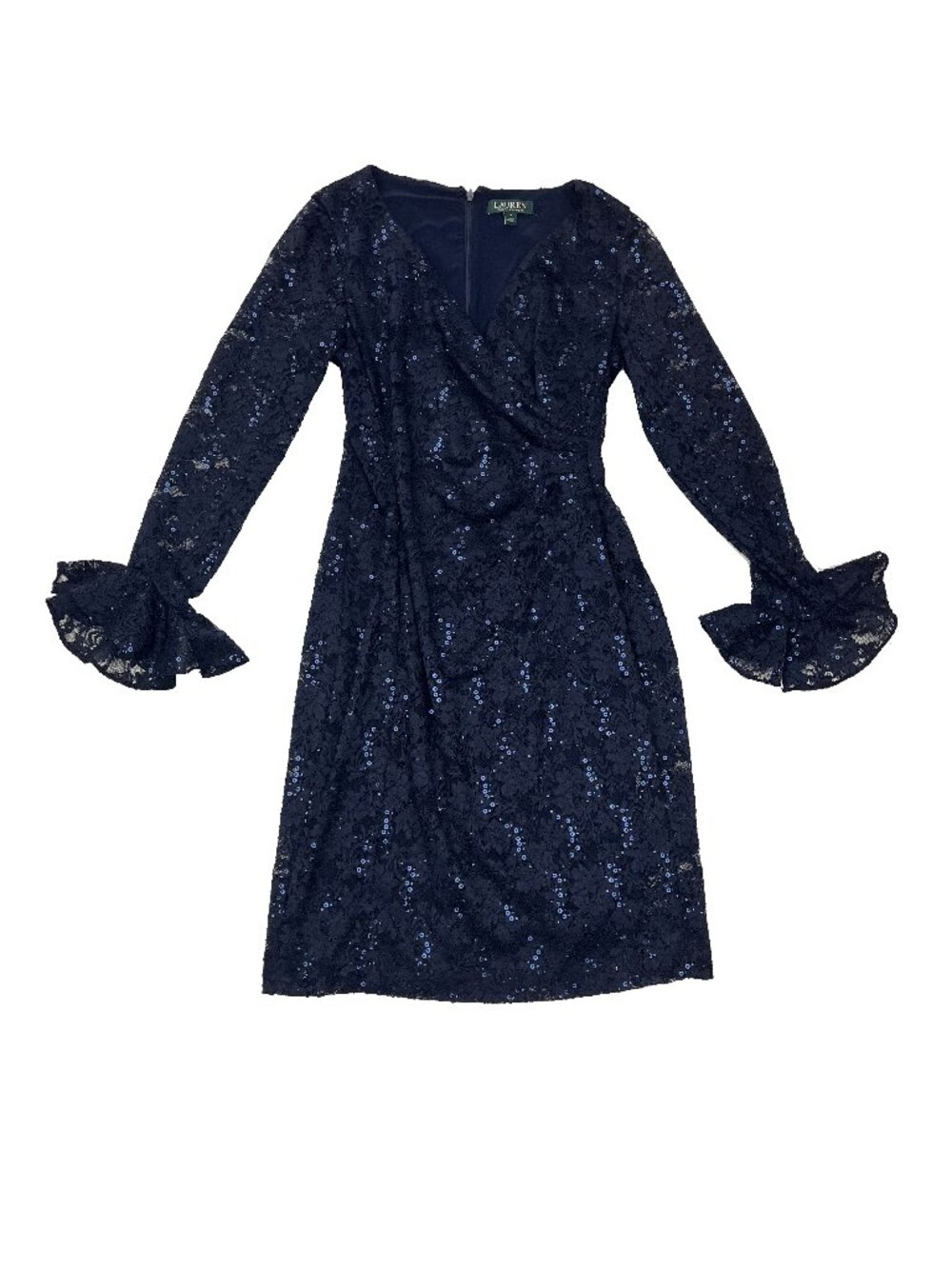 Ralph Lauren Navy Blue Sequin Bell Sleeve Dress Womens 12